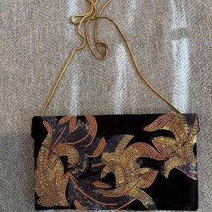 Vintage 1980s Ricki Designs Beaded Evening Bag Velvet Gold Chain - Like new!